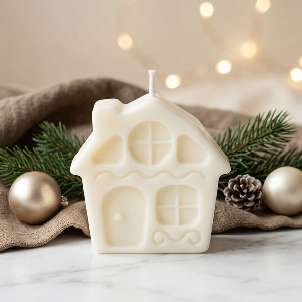 Vela decorativa em forma de casinha, com detalhes na fachada e pavio de algodão, junto a ramos e bolas de Natal.