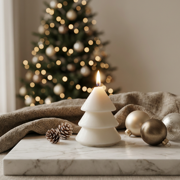 Vela decorativa Pinheiro Redondo acesa sobre mármore, com árvore de Natal ao fundo.