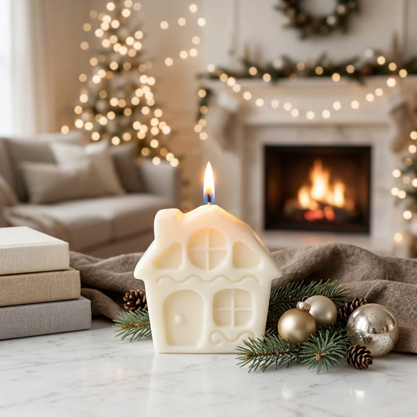 Vela Casinha acesa sobre mármore, junto a livros e ramos, com árvore de Natal e lareira ao fundo.