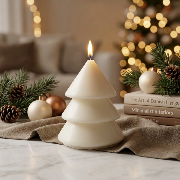 Vela Pinheiro Redondo acesa, junto a livros, ramos e bolas de Natal.