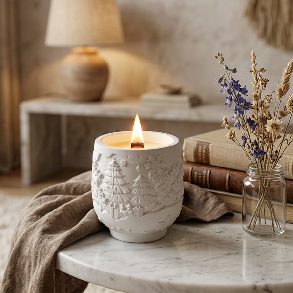 Vela acesa em pote de cerâmica branca com motivos natalícios, sobre uma mesa junto a livros e flores secas.