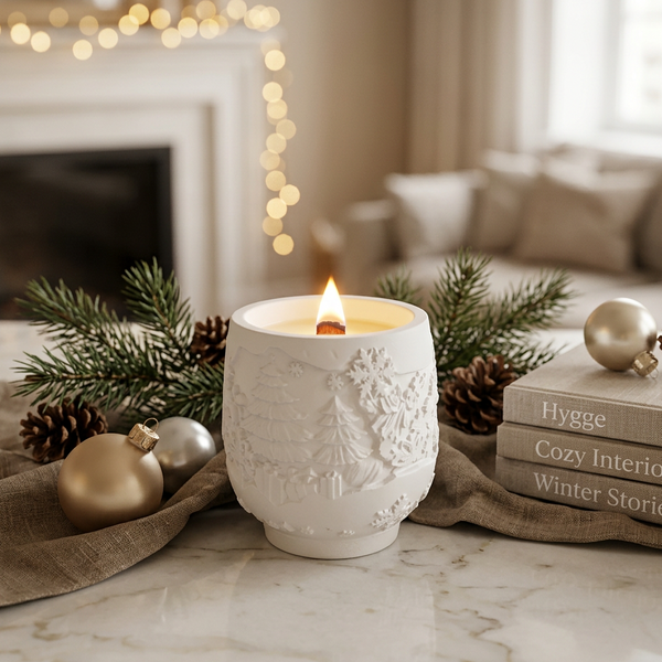 Vela de Natal acesa em pote de cerâmica branca, junto a livros e ramos de pinheiro.