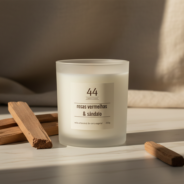 Vela aromática Premium de Rosas Vermelhas e Sândalo da 44 em copo de vidro fosco.