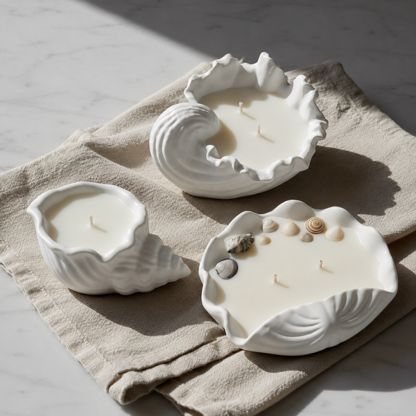 Coleção Conchas de Luz com velas aromáticas artesanais em conchas de cerâmica inspiradas no mar.