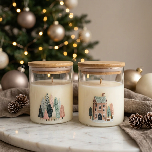 Duas velas de Natal em copos de vidro com tampa de bambu, decoradas com árvores e uma casa.