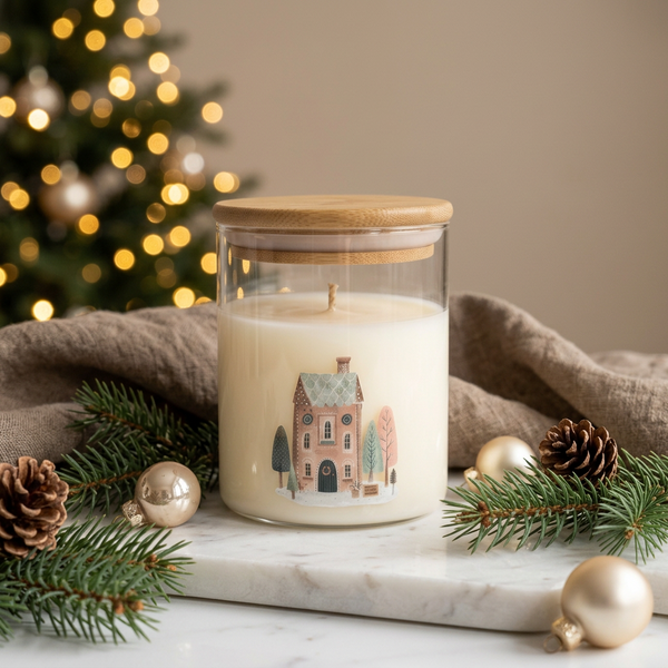Vela de Natal em copo de vidro com desenho de casa e tampa de bambu, junto a uma árvore de Natal.