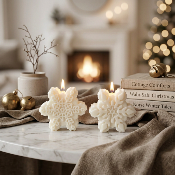 Duas velas Floco de Neve acesas, com desenhos diferentes em relevo, num ambiente natalício.