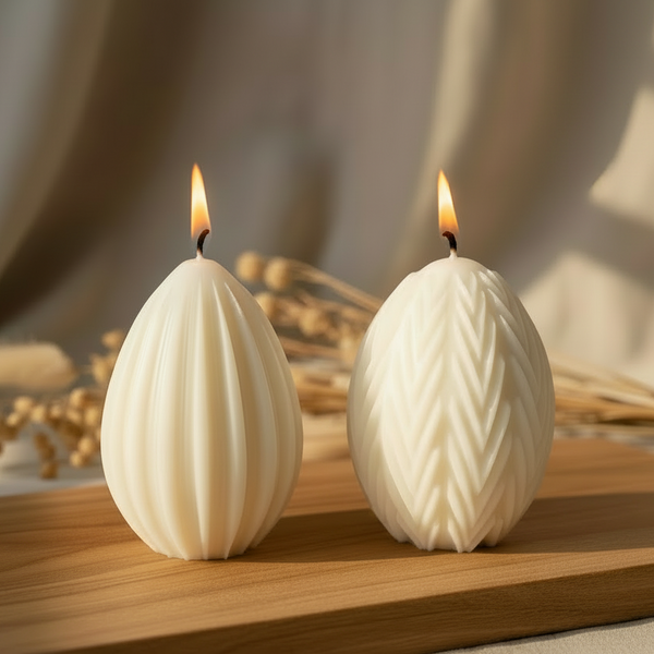 Conjunto de velas artesanais decorativas em formato de ovo com texturas chevron e ranhurada, ideal para decoração de Páscoa e decoração de interiores.